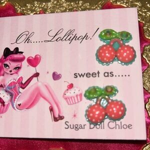 Pink Cherry sparkle polka dot  Oh lollipop sugardoll earrings pinup rockabilly